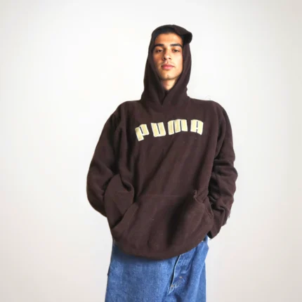 Puma 90s Spell-Out Vintage Dark Brown Fleece Hooded Sweater Size Small (Men)