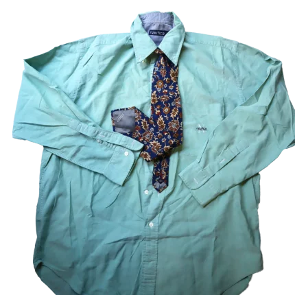 Nautica Men's Light Teal Long-Sleeved Linen Shirt - Large Size, Comfort Fit for X-Large