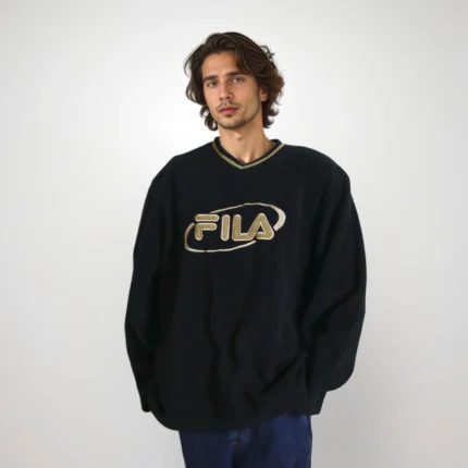 classic old-school apparel, vintage streetwear, old school clothes, FILA fleece, retro fashion, oversized fleece, vintage FILA, black fleece, retro FILA, 90s fashion